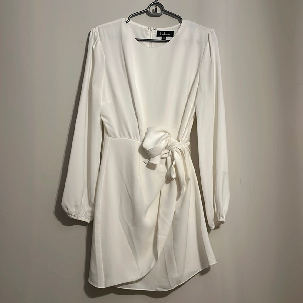 Long sleeve white mini dress with tie waist